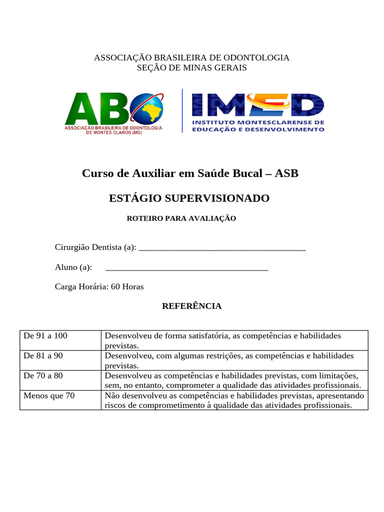 Roteiro de Avaliação para ASB em Minas Gerais | PDF | Odontologia ...