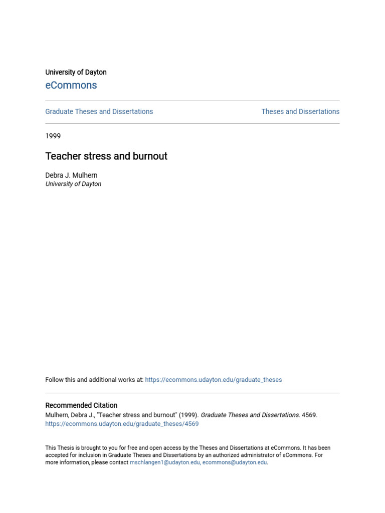 Teacher Stress and Burnout Thesis | PDF | Occupational Burnout | Stress ...