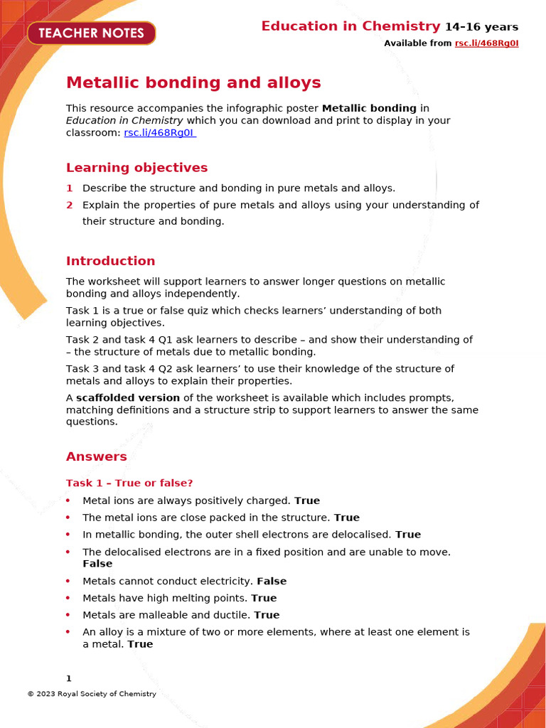 Metallic Bonding and Alloys: Learning Objectives | PDF | Metals ...