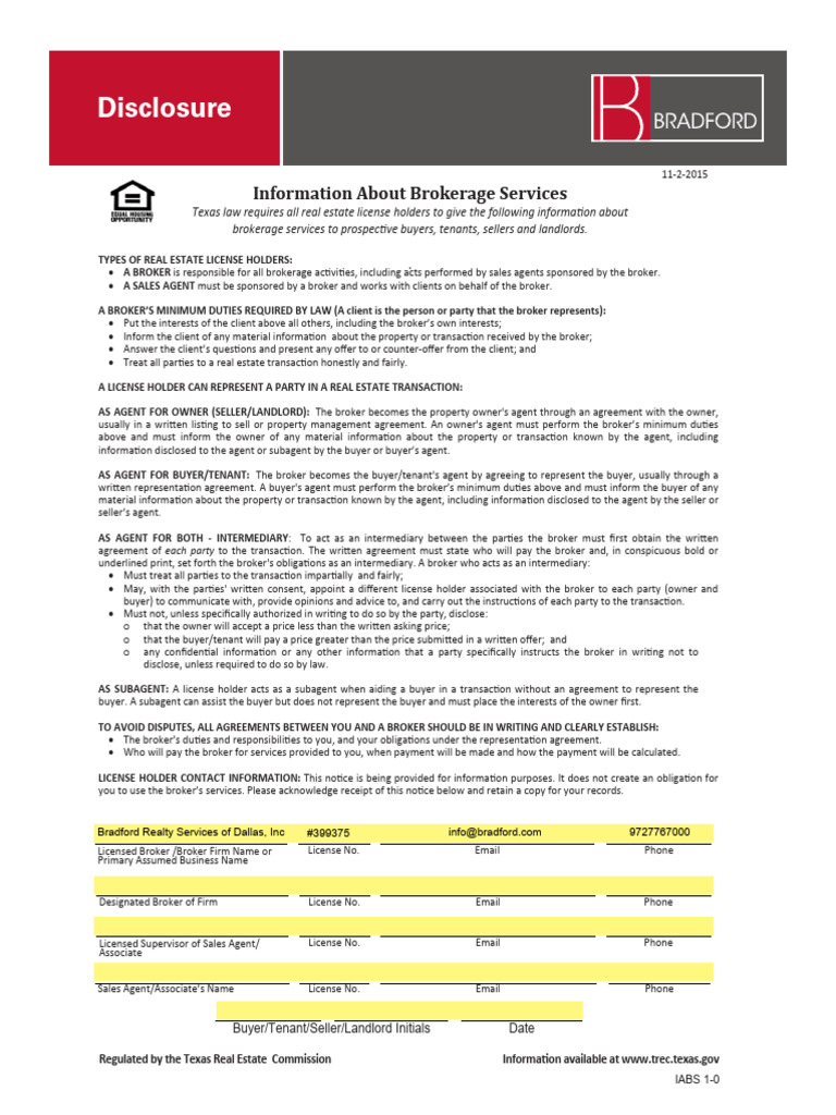 Texas Real Estate Commission Information About Brokerage Services | PDF ...