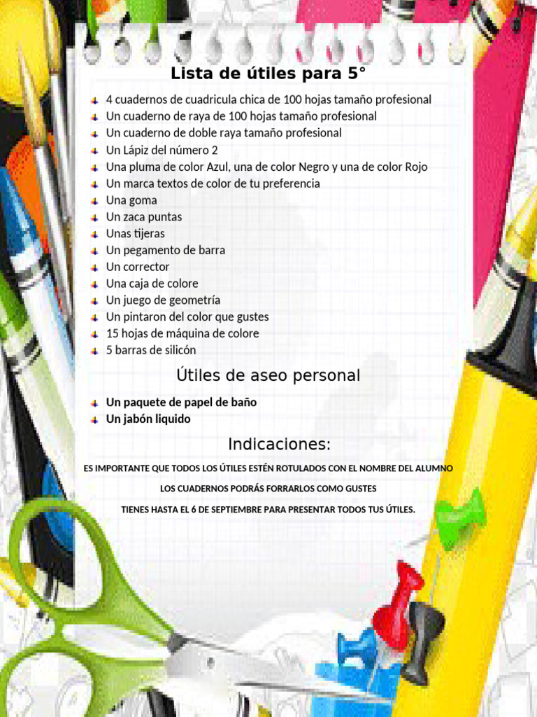Lista de Útiles para Quinto Grado | PDF