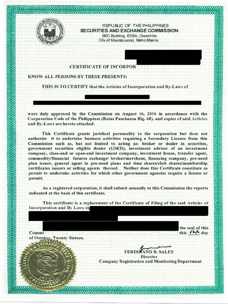 EC Certificate of Incorporation - Redacted | PDF