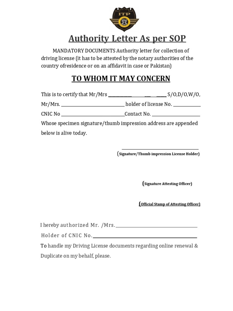 Authority Letter for Driving License Collection | PDF