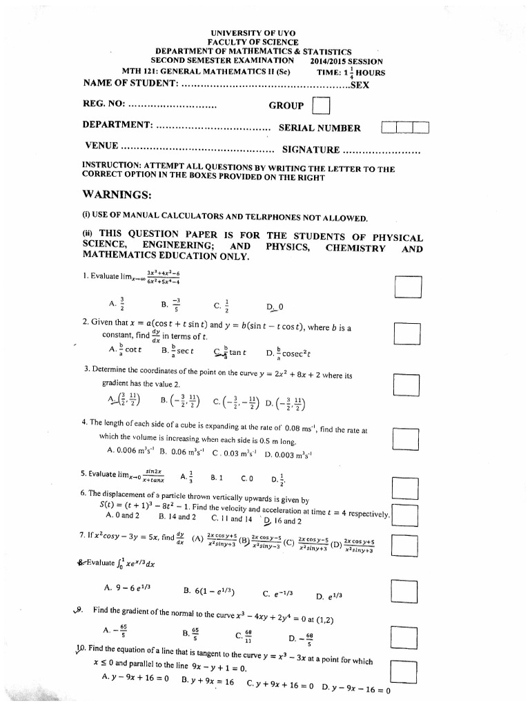 Uniuyo Math 121 PST Questions (2) - 2 | PDF