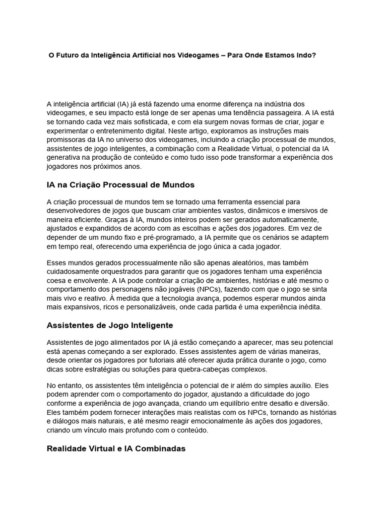 Futuro da IA nos Videogames: Inovações | PDF | Inteligência artificial ...