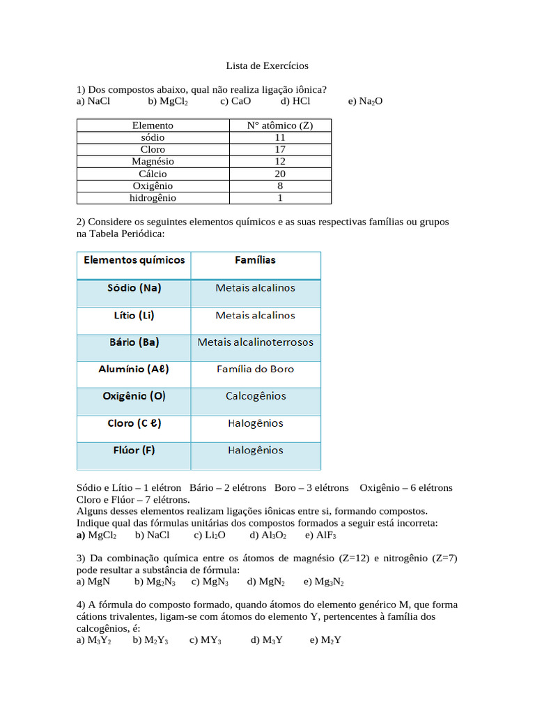 Exercícios sobre Ligação Iônica | PDF | Ligação química | Átomos