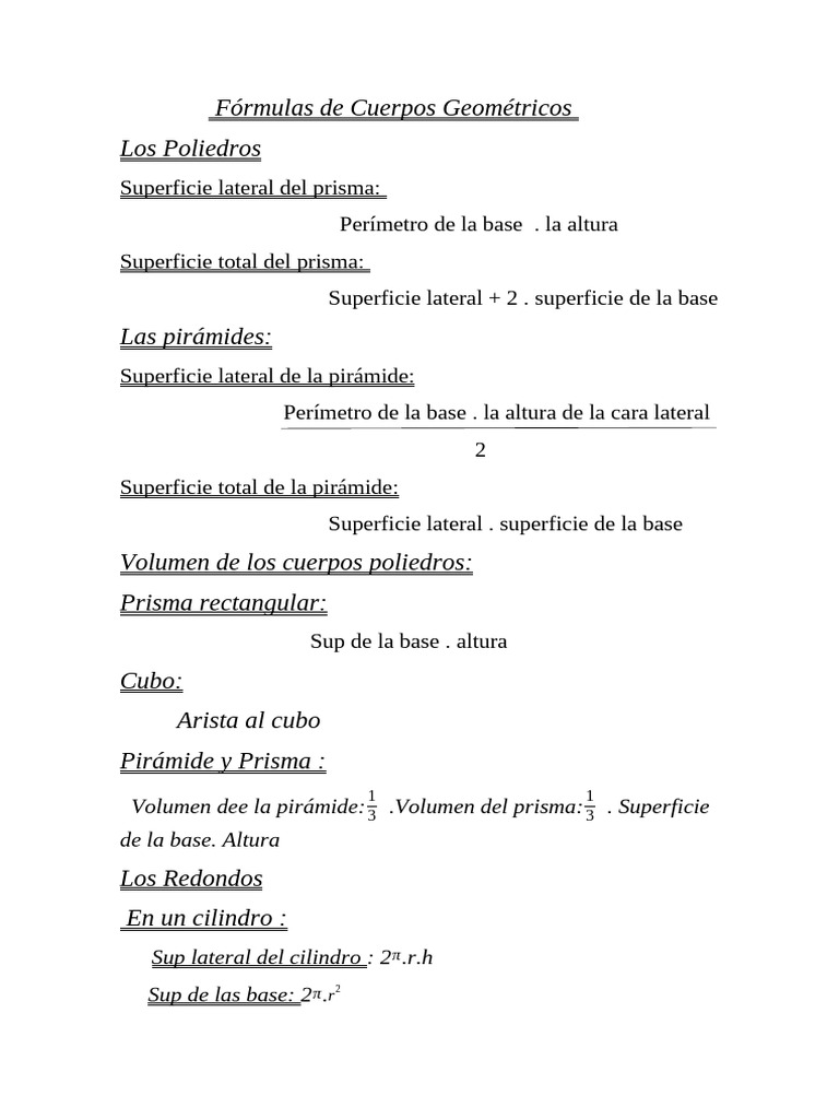 Fórmulas de Cuerpos Geométricos | PDF