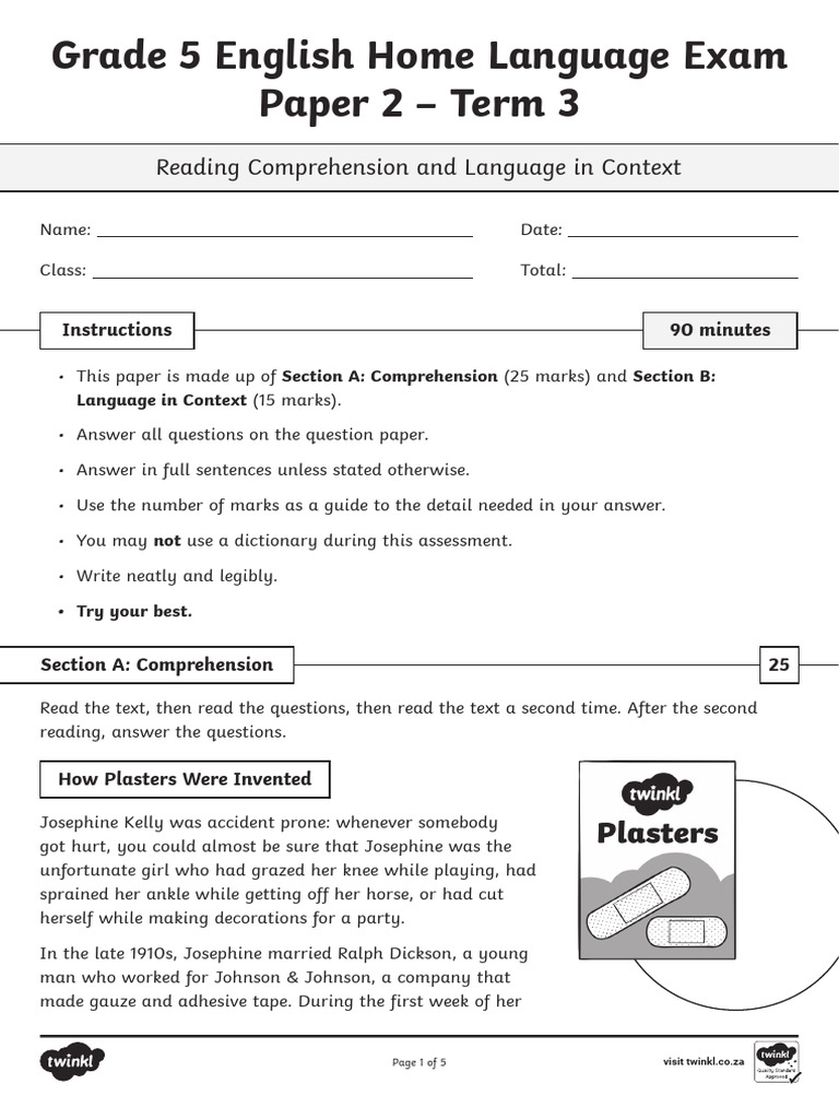 Grade 5 English Exam: Comprehension & Language | PDF | English Language