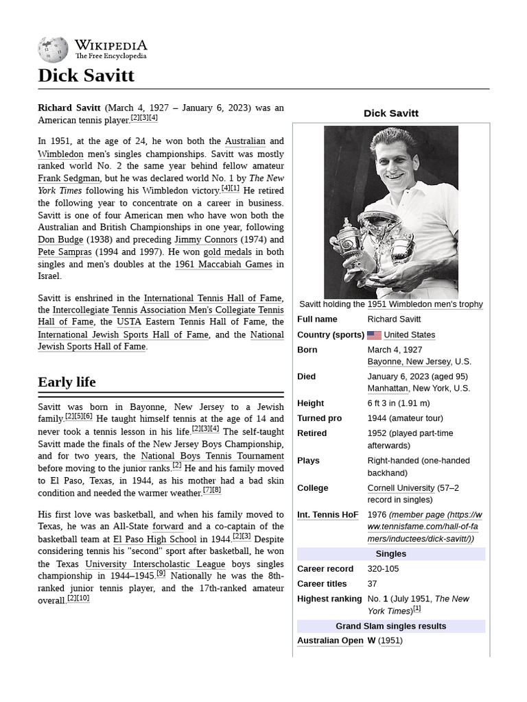 Richard Savitt: Tennis Champion Highlights | PDF | Grand Slam (Tennis ...
