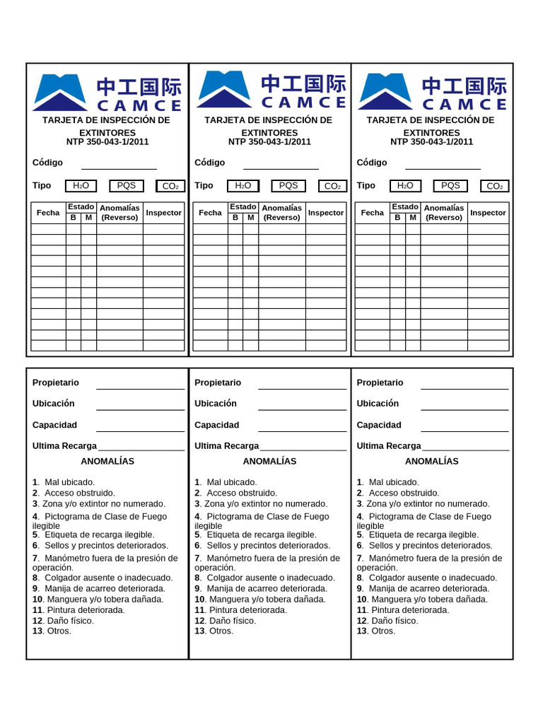 Inspección de Extintores: Formato NTP 350-043-1 | PDF