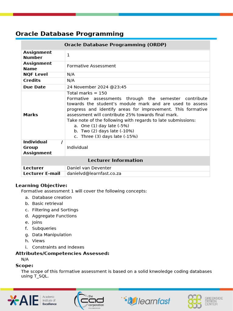 Oracle Database Programming Assignment 1 | PDF | Sql | Databases