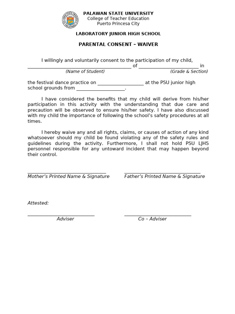 Parental Consent Form for Dance Practice | PDF