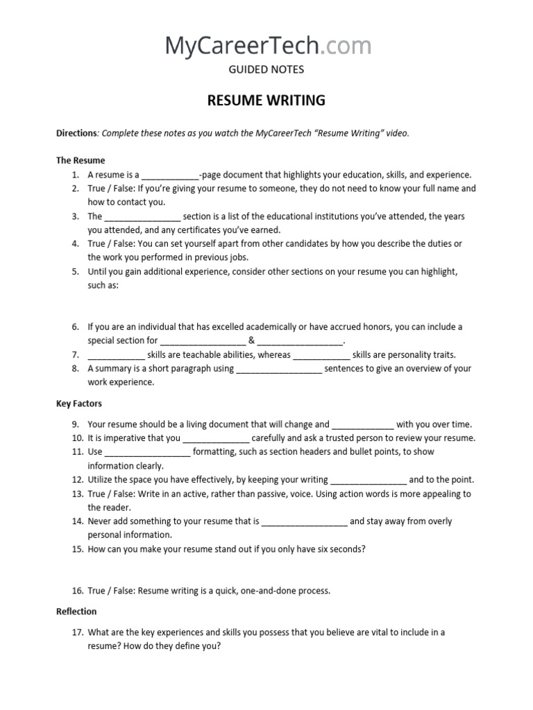 Resume Writing Guided Notes | PDF