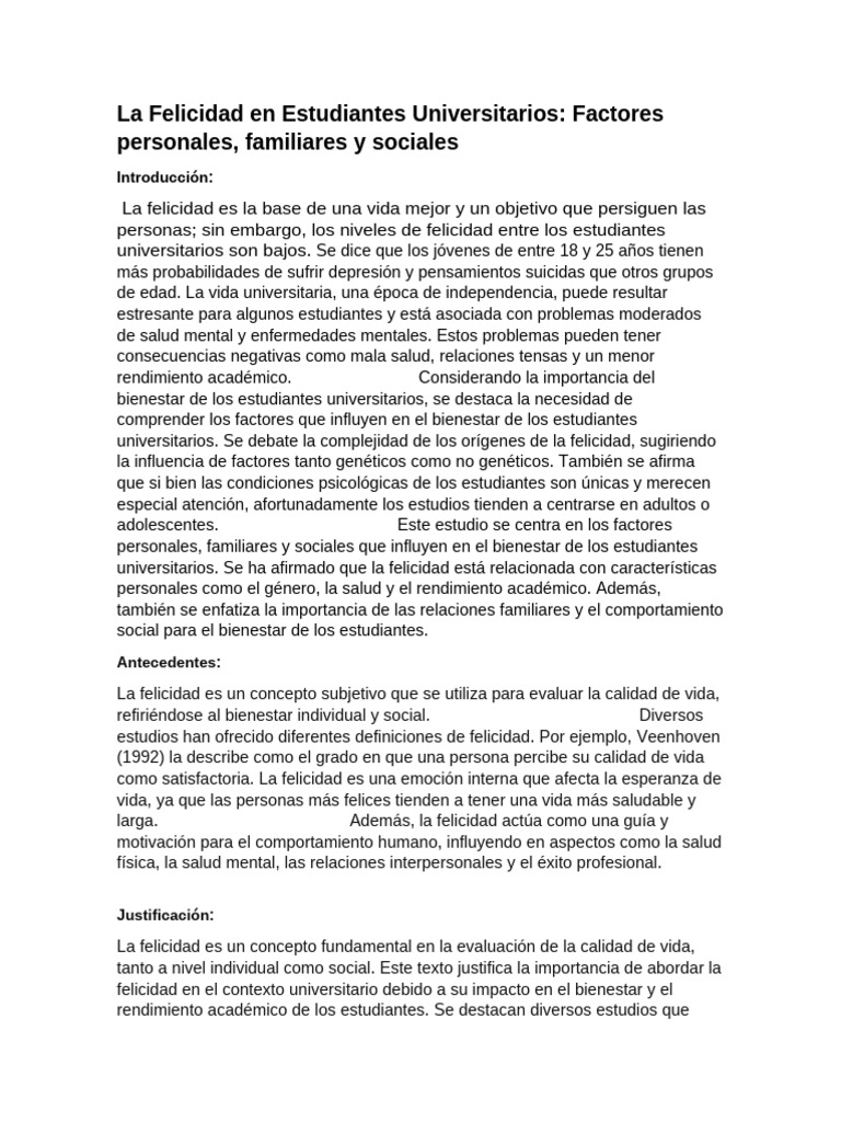 Factores de Felicidad en Estudiantes Universitarios | PDF | Felicidad ...