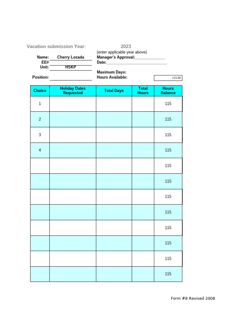 2023 Vacation Request Form #8 | PDF
