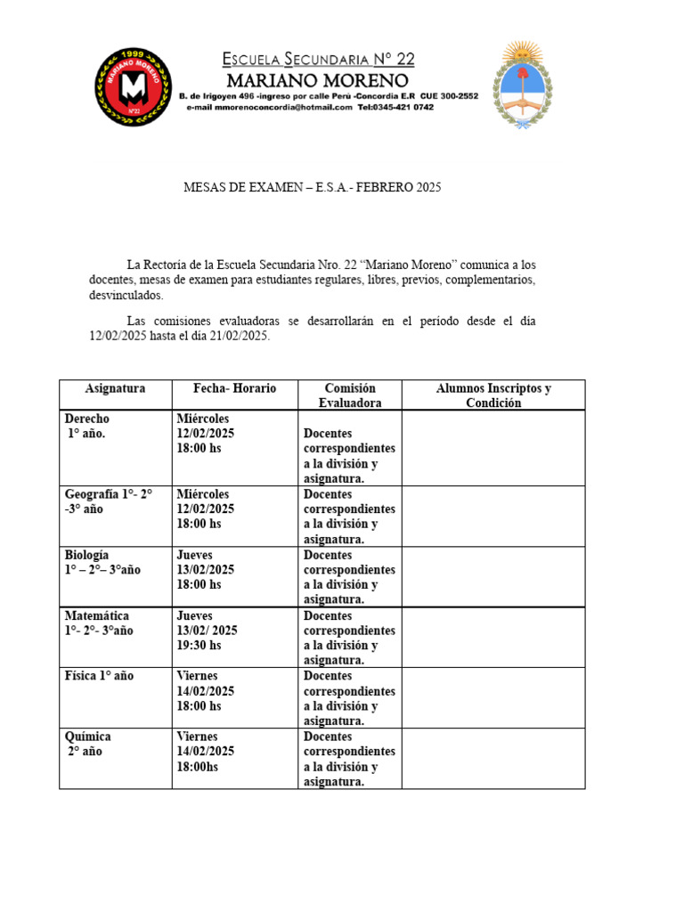 Mesas de Examen - Docx 2025 Febrero | PDF | Educación en artes liberales