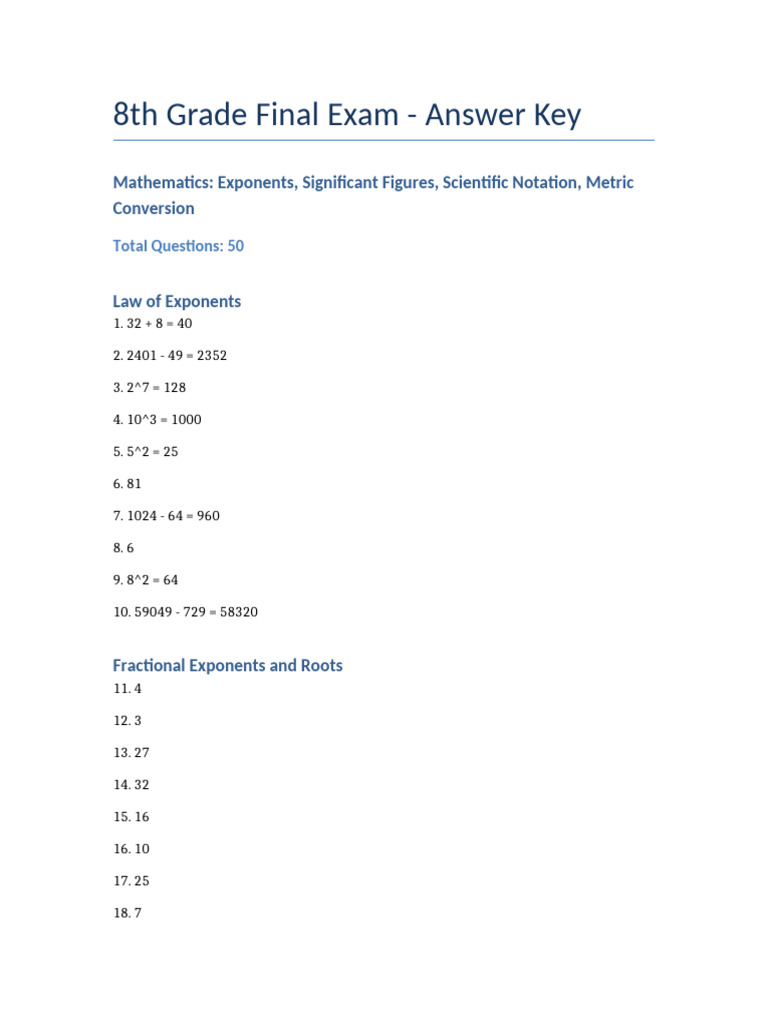 8th Grade Math Exam Answer Key | PDF