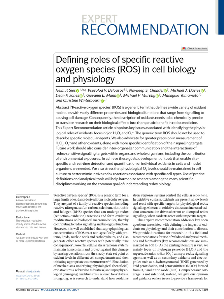 Defining Roles of ROS in Cell Biology | PDF | Mitochondrion | Reactive ...
