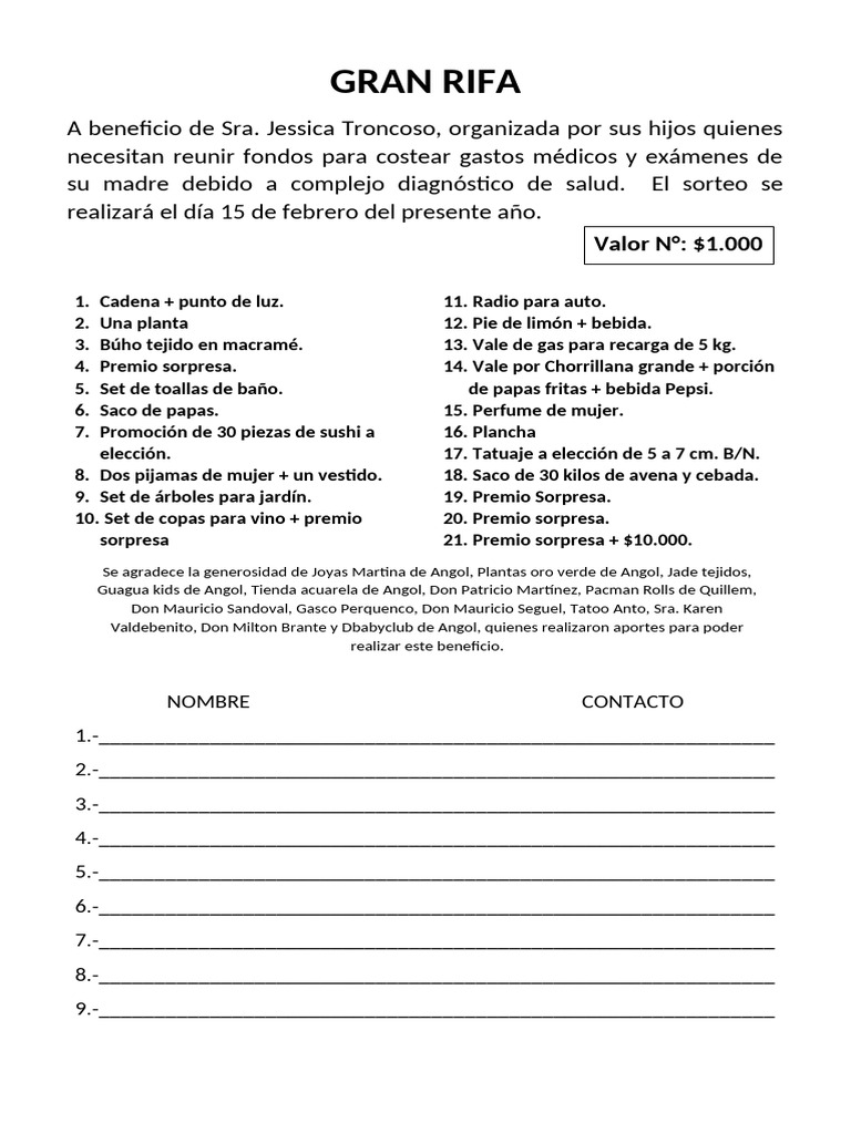 Rifa Solidaria para Sra. Jessica Troncoso | PDF