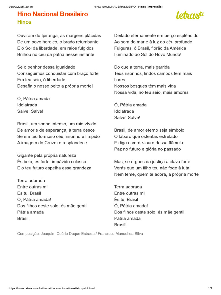 Hino Nacional Brasileiro: Letra e Significado | PDF