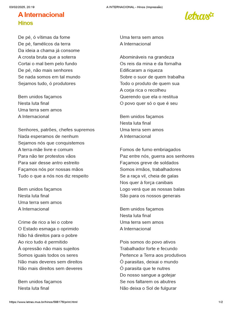 Letra do Hino Internacional | PDF