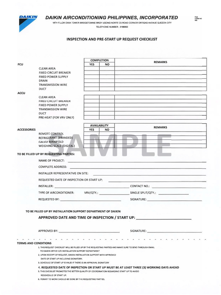 Forms - Inspection and Pre-Start-up Request Checklist Sample | PDF