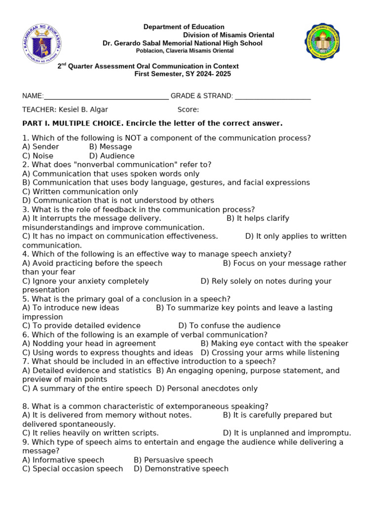 Oral Communication Assessment Guide | PDF | Communication | Nonverbal ...