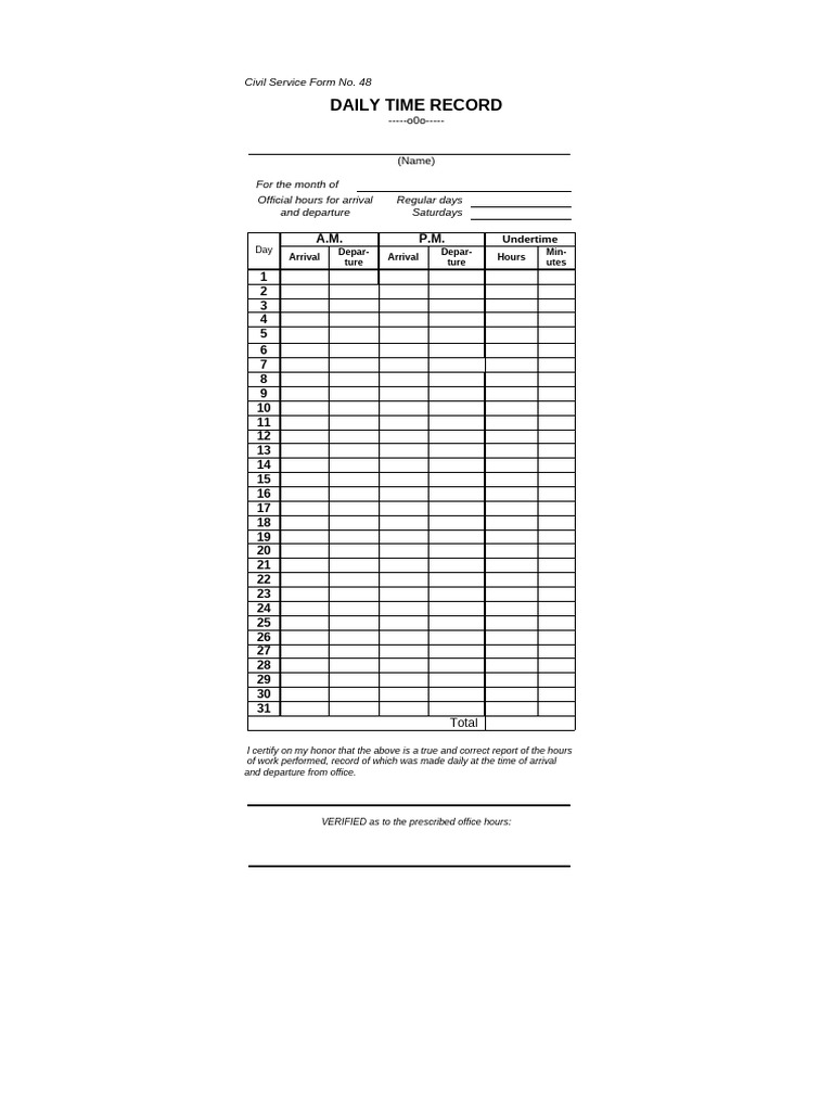 Daily Time Record Form No. 48 | PDF