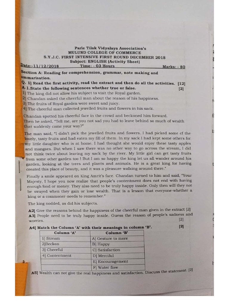 SYJC intensive Test 1st round December 2018 | PDF