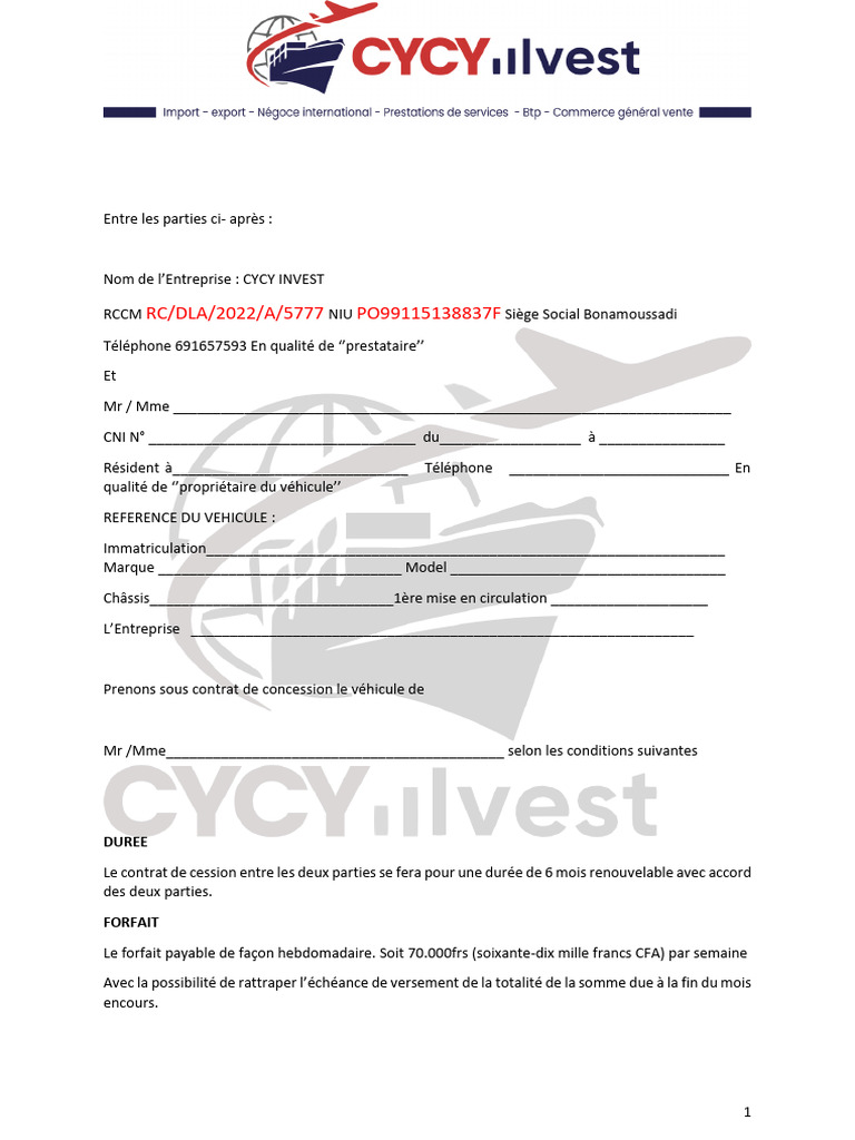 Contrat de concession véhicule CYCY INVEST | PDF | Véhicules
