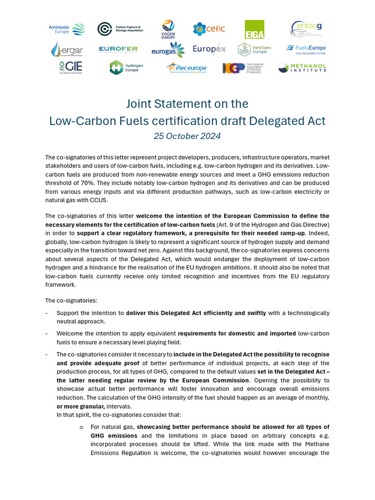 Joint Statement on the Low Carbon Fuels certification draft Delegated