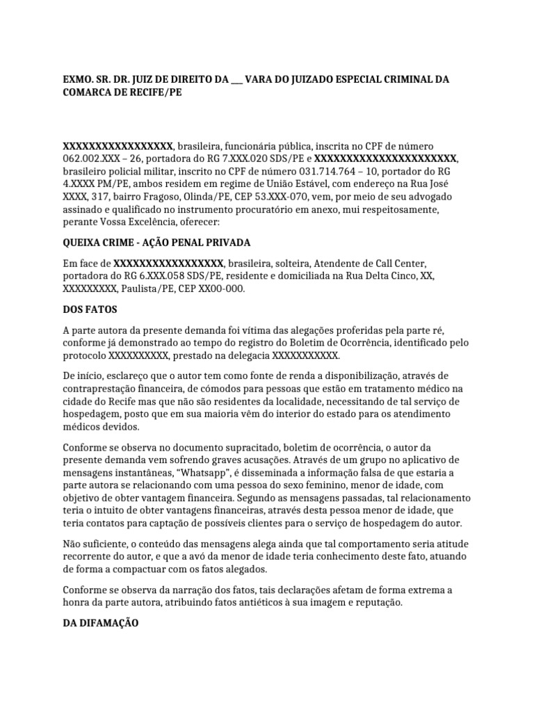 Queixa Crime por Difamação em Recife | PDF | Difamação | Justiça criminal