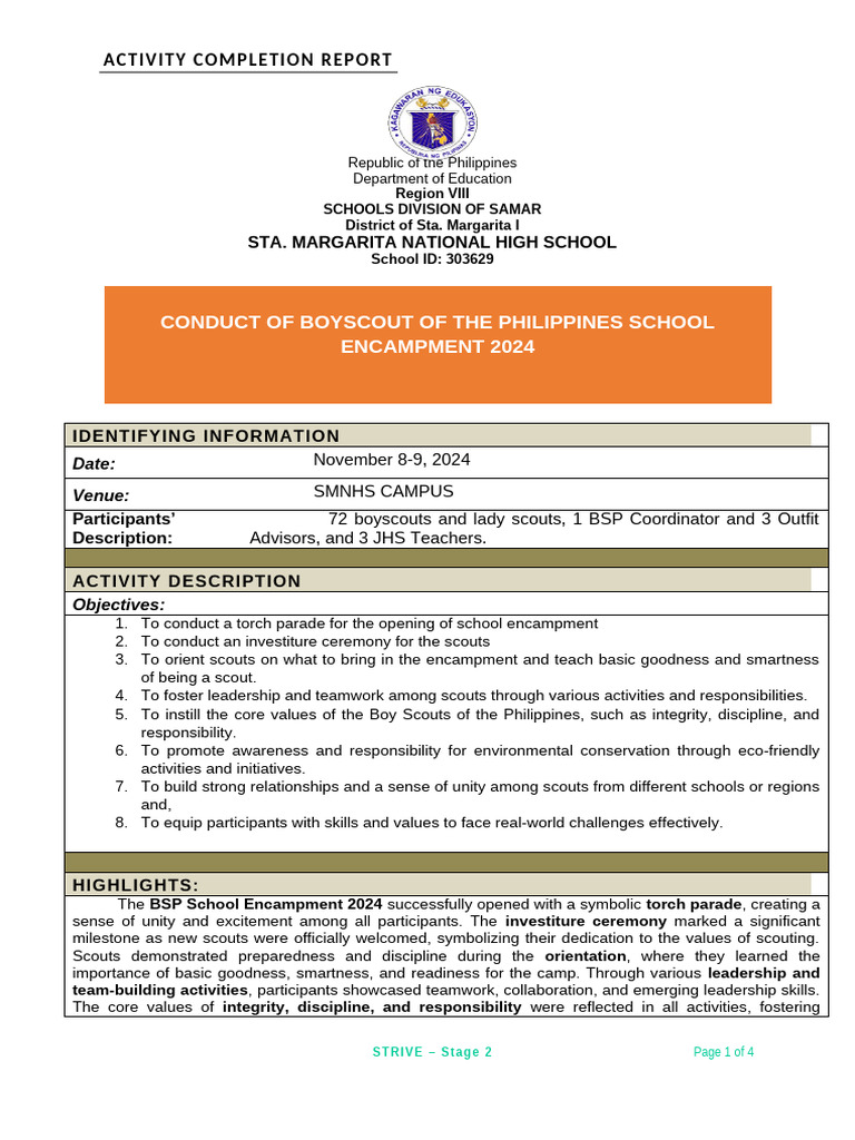 BSP School Encampment 2024 Report | PDF | Team Building | Social Psychology