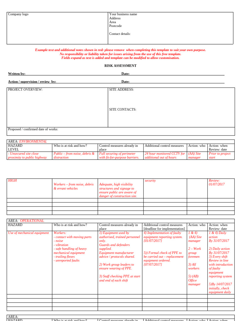 Construction Site Risk Assessment Template | PDF | Personal Protective ...