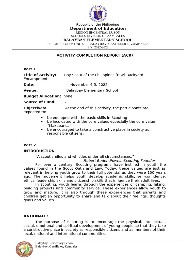 BSP Backyard Encampment Report 2022 | PDF | Scouting | Youth Organizations
