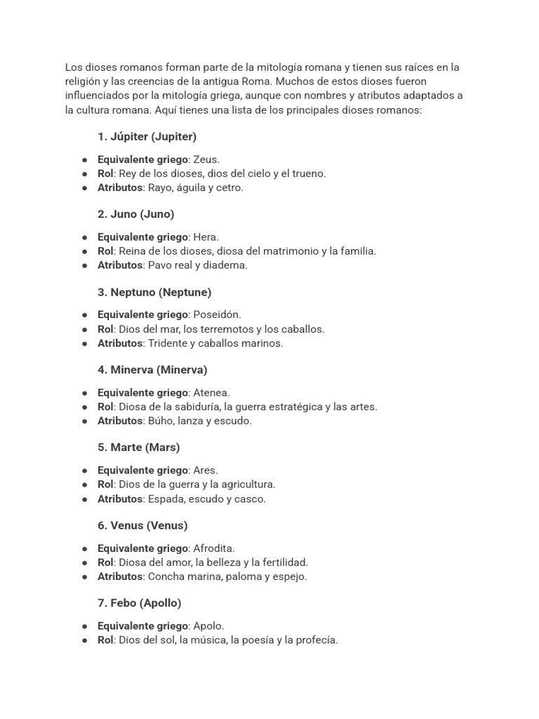 Principales dioses de la mitología romana | PDF | Doce olímpicos ...