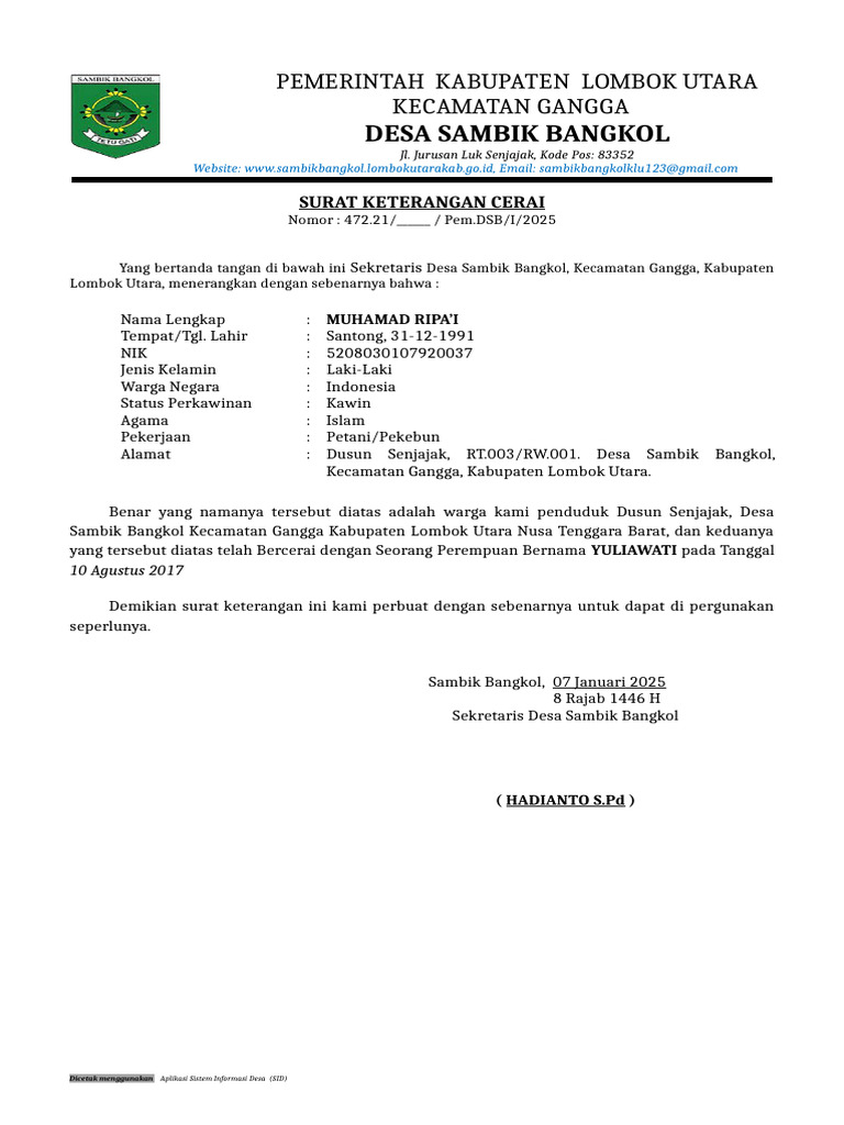 Surat Cerai Desa Sambik Bangkol | PDF