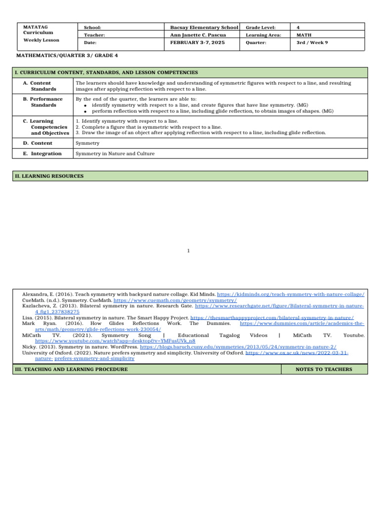 Grade 4 Math: Symmetry Lesson Plan | PDF | Symmetry | Cognition