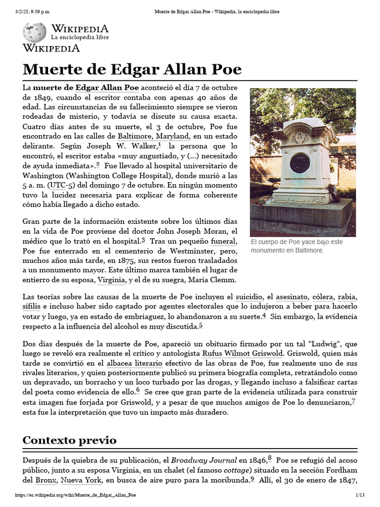 Muerte de Edgar Allan Poe - Wikipedia, La Enciclopedia Libre | PDF ...