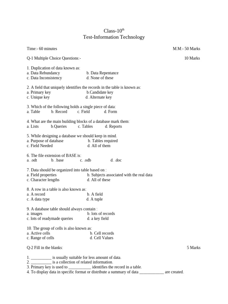 Class 10 IT Test: Database Concepts | PDF | Databases | Relational Model