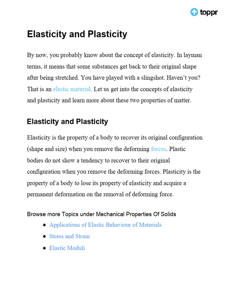 Elasticity and Plasticity in Physics | PDF | Deformation (Engineering ...