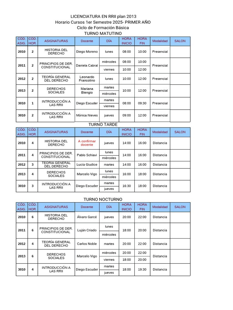 Horarios Licenciatura RRII 2025 | PDF