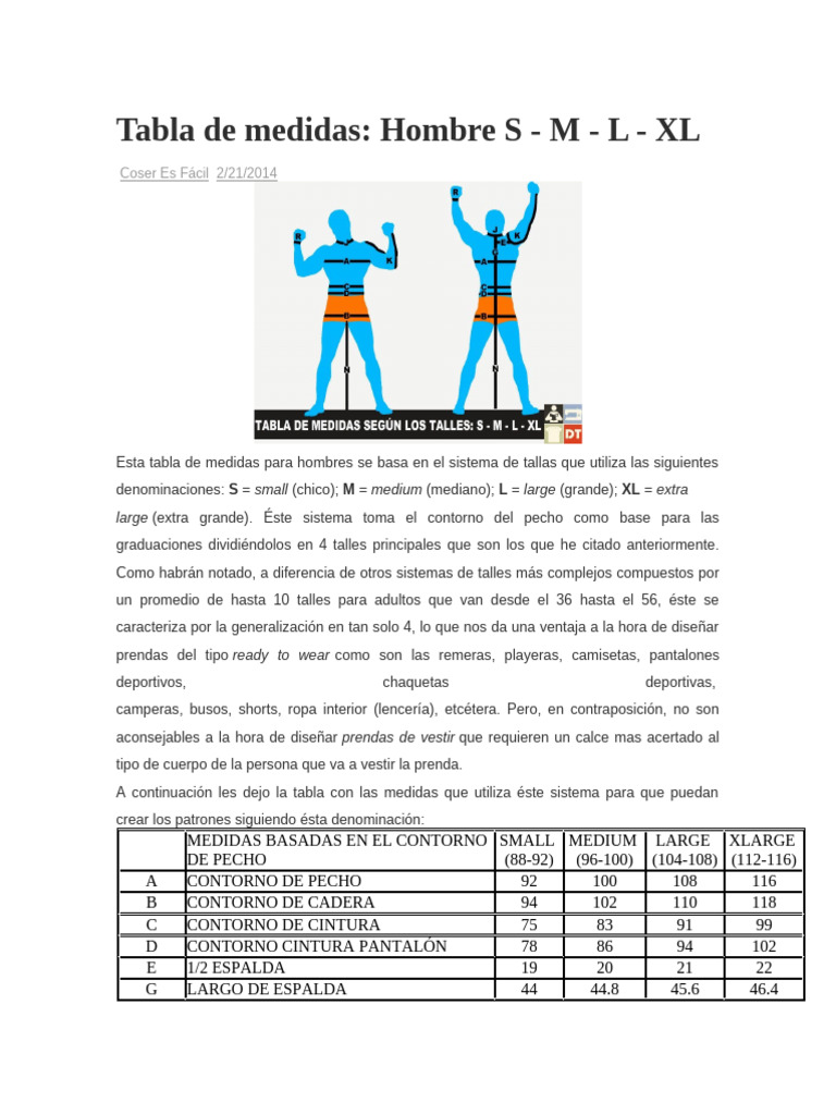Tabla de Medidas para Hombre S-XL | PDF | Ropa | Softlines (venta ...
