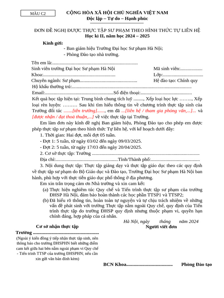 2024-12-03 Đơn xin tự liên hệ TTSP c2 | PDF