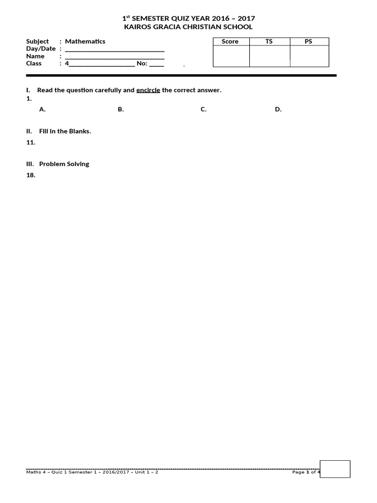 2016-2017 Math Quiz for Grade 4 | PDF