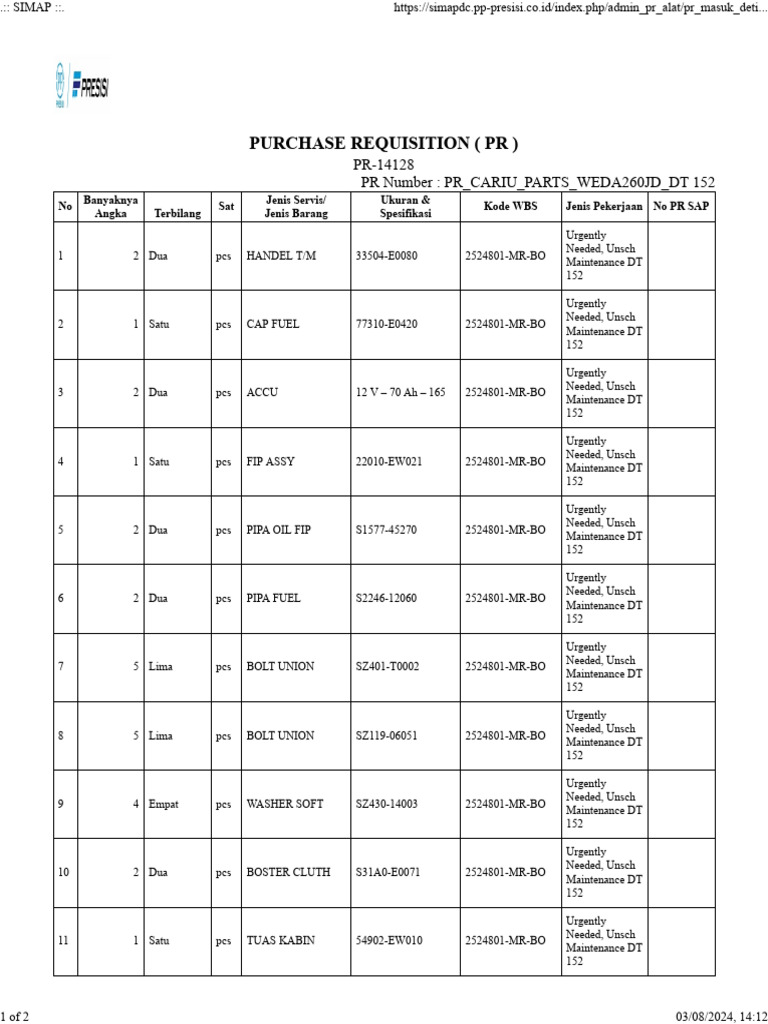 Urgent Parts Purchase Requisition DT 152 | PDF