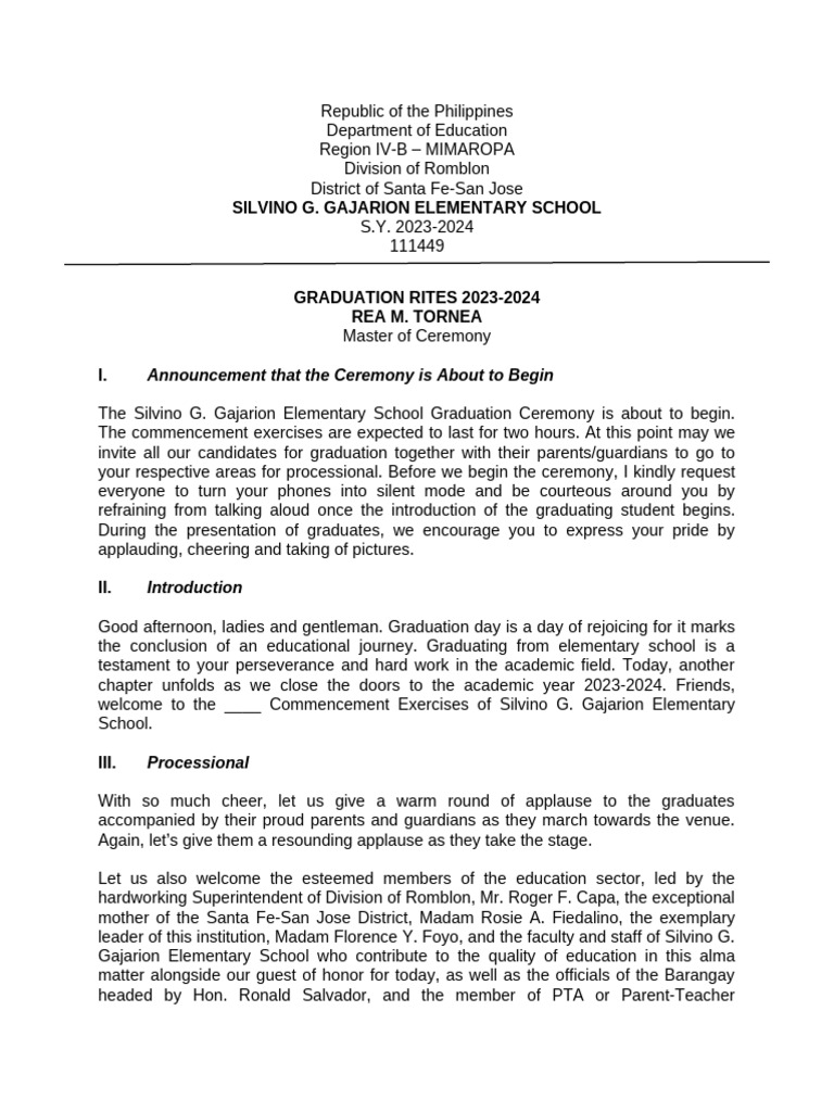 Graduation Ceremony Script 2023-2024 | PDF