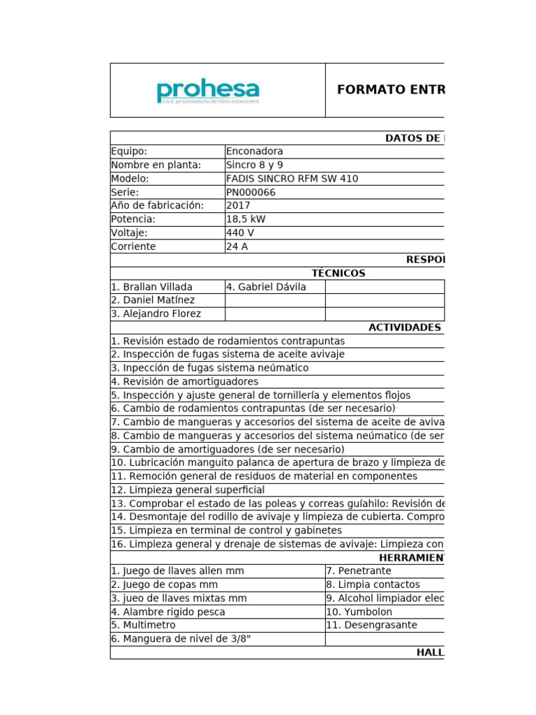 Mantenimiento Programado de Enconadora y Retorcedora | PDF | Rodamiento ...