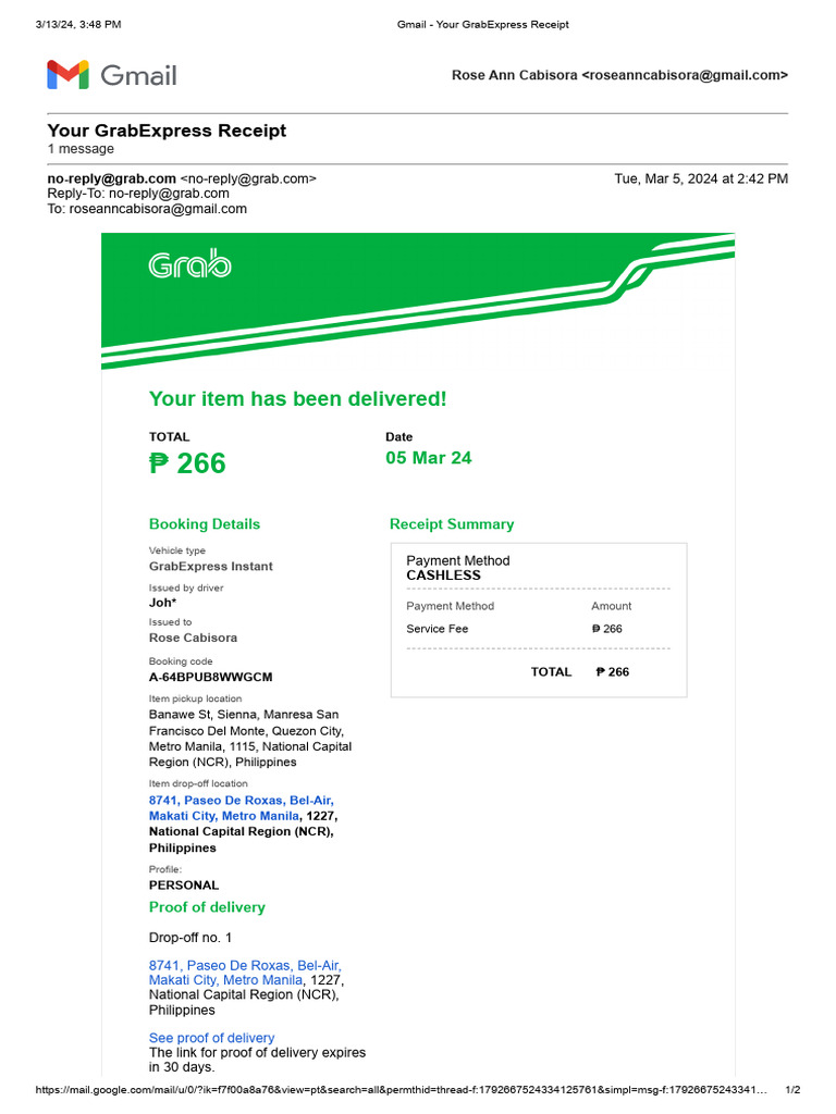 GrabExpress Delivery Receipt - March 2024 | PDF