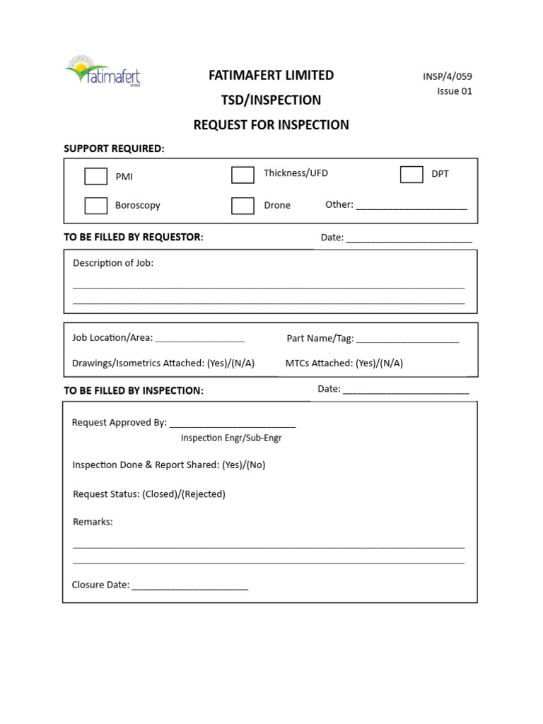 Inspection Request Form for FATIMAFERT | PDF